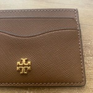 Tory Burch Chocolate Brown Saffiano Card Holder with Gold Logo